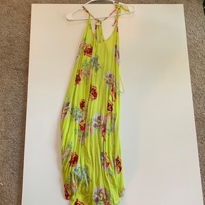 Green and pink floral maxi dress. Tie straps. Halter type neckline